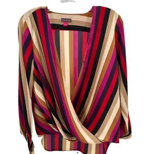 Vince Camuto Brown & Pink Striped Wrap Front Long Sleeve Blouse Women Sz S